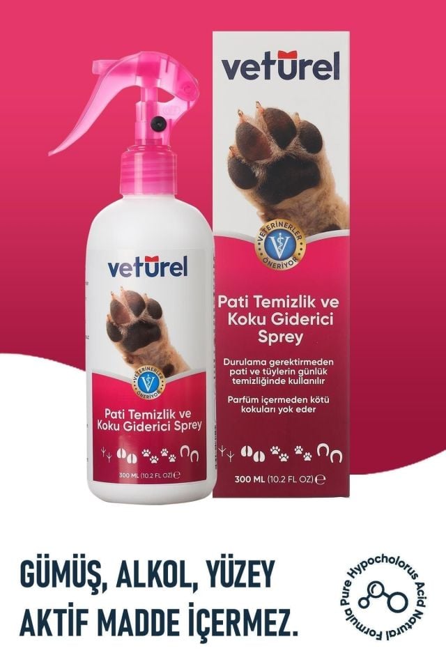 Veturel Kedi ve Köpekler için Pati Temizleyici ve Koku Giderici Sprey 300ml