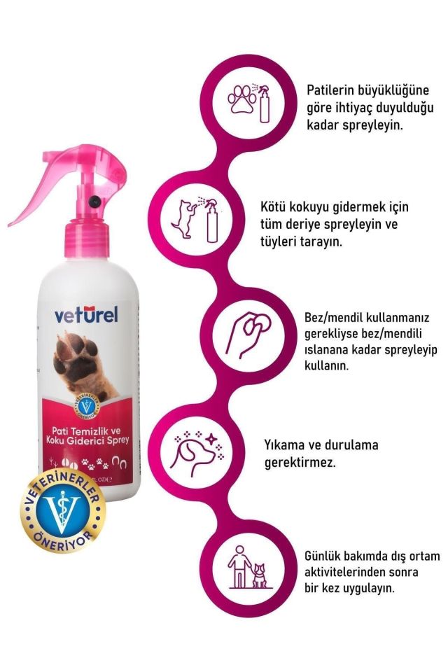 Veturel Kedi ve Köpekler için Pati Temizleyici ve Koku Giderici Sprey 300ml