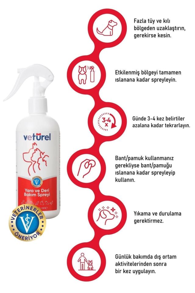Veturel Kedi ve Köpekler için Yara ve Deri Bakım Spreyi 300ml