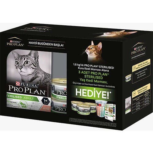 Pro Plan Kısırlaştırılmış Somonlu Kedi Maması 1.5 Kg+3 Adet Yaş Mama+Ölçü Kabı