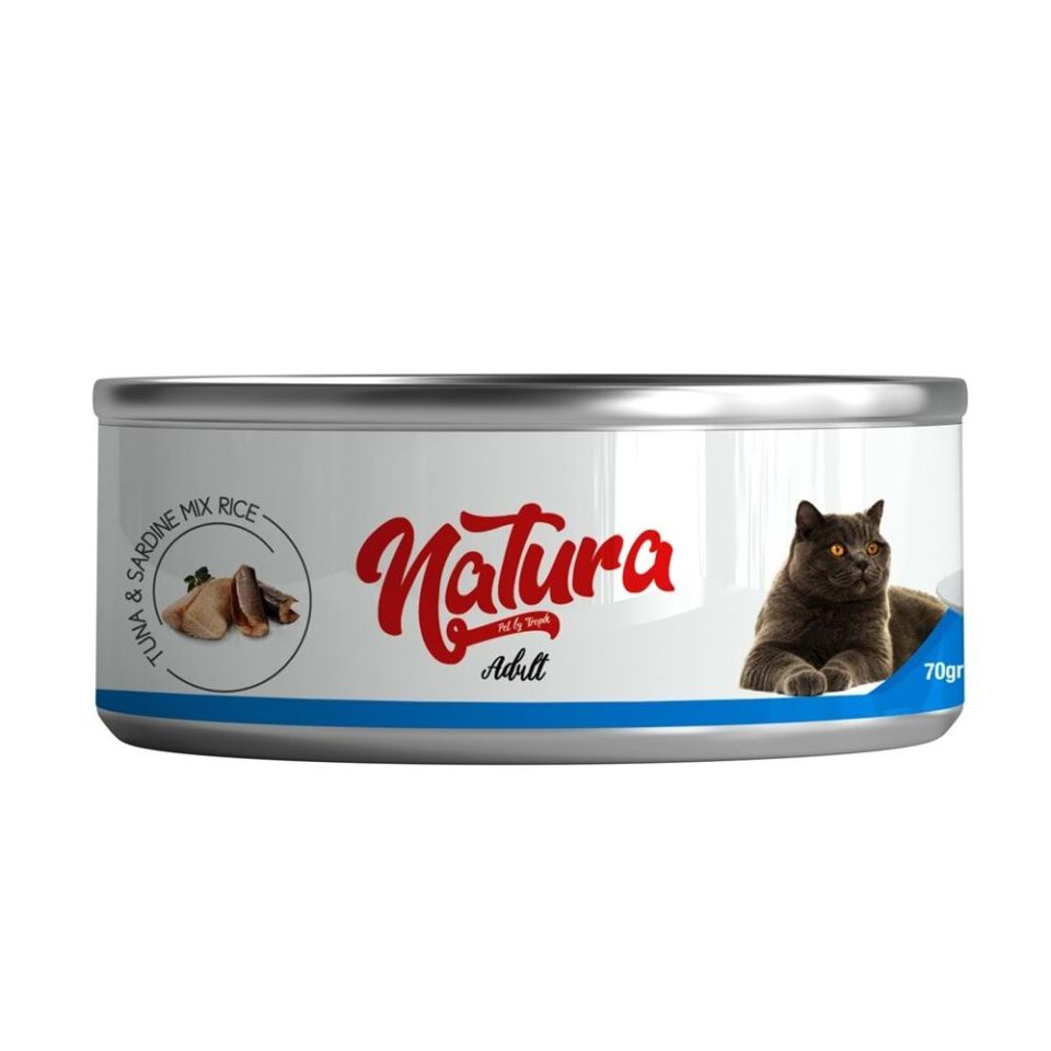 Natura Ton Balığı & Sardalya,Et Suyu İçinde Pirinçli Kedi Konservesi 70 Gr