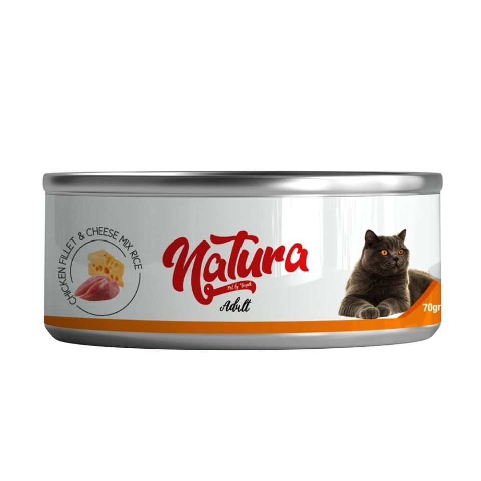 Natura Tavuk Fileto & Peynir,Et Suyu İçinde Pirinçli Kedi Konservesi 70 Gr