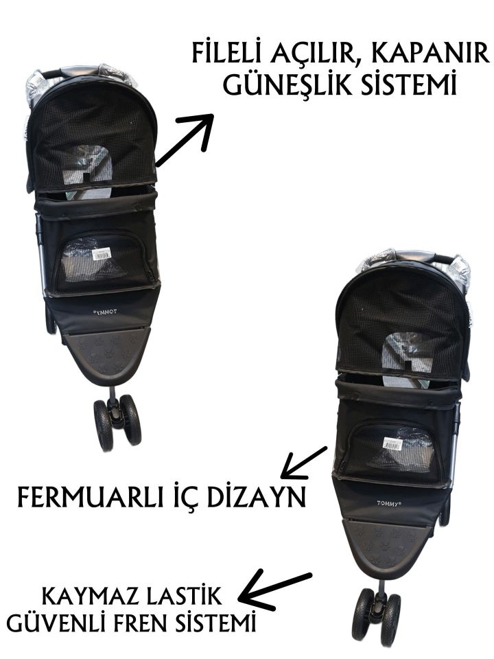 Tommy Evcil Hayvan Arabası 80x46x99cm Siyah Max 15 Kg