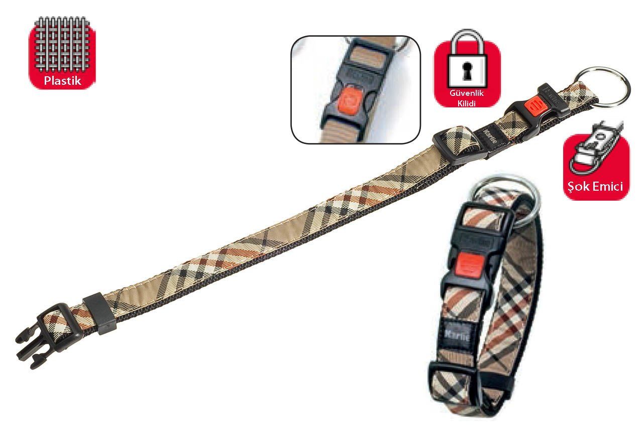 Karlıe Kilitli Boyun Tasma M 40-55cm Ekose Bej