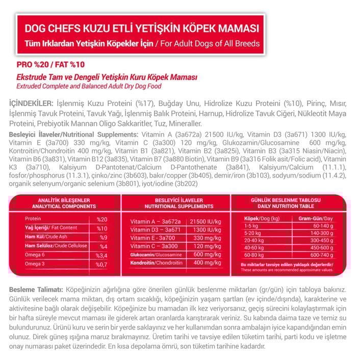 Dog Chefs Kuzu Etli Yetişkin Köpek Maması 15 Kg