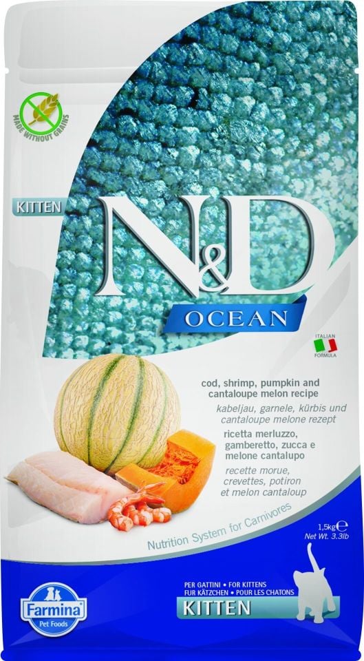 N&D Morina Balıklı Bal Kabaklı Karidesli ve Kavunlu Tahılsız Yavru Kedi Maması 1,5kg