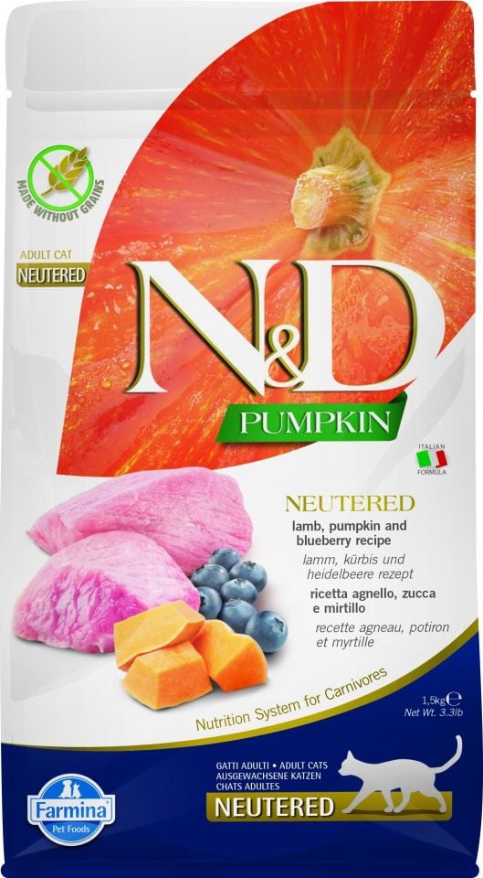 N&D Kuzu Etli Bal Kabaklı ve Yaban Mersinli Tahılsız Kısırlaştırılmış Kedi Maması 1,5kg