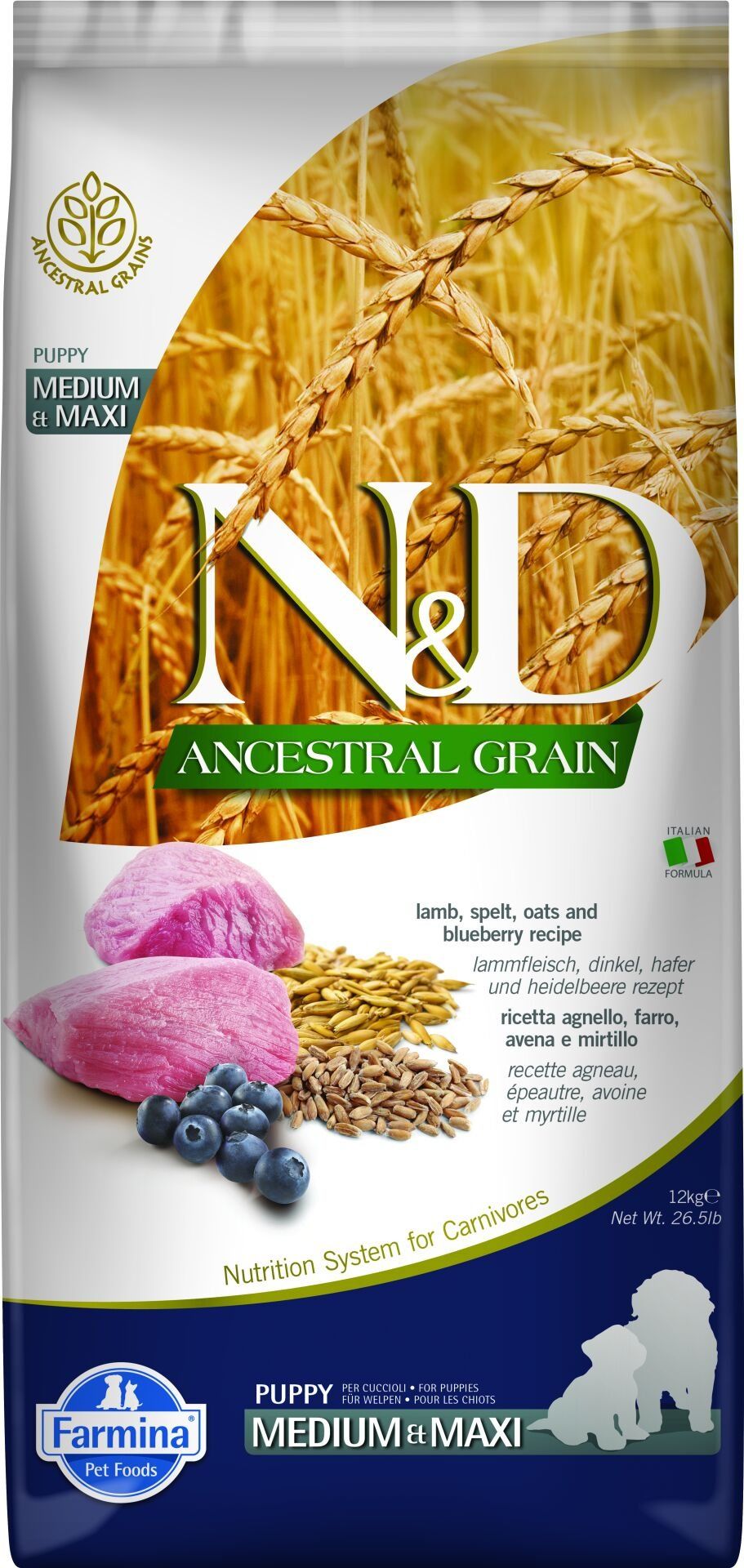 N&D Kuzu Etli Yaban Mersinli Orta ve Büyük Irk Az Tahıllı Yavru Köpek Maması 12kg