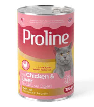 PROLINE PATE İÇİNDE ET PARÇACIKLI TAVUKLU VE CİĞERLİ YETİŞKİN KEDİ MAMASI 395 GR