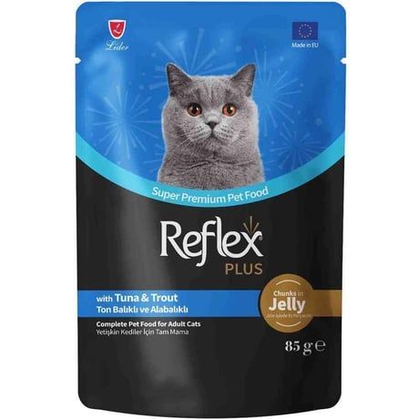 Reflex Plus Jöle İçinde Et Parçacıklı Ton Balıklı Ve Alabalıklı Yetişkin Kedi Maması 85 G