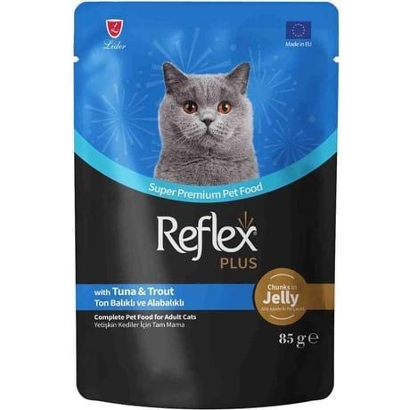 Reflex Plus Jöle İçinde Et Parçacıklı Ton Balıklı Ve Alabalıklı Yetişkin Kedi Maması 85 G
