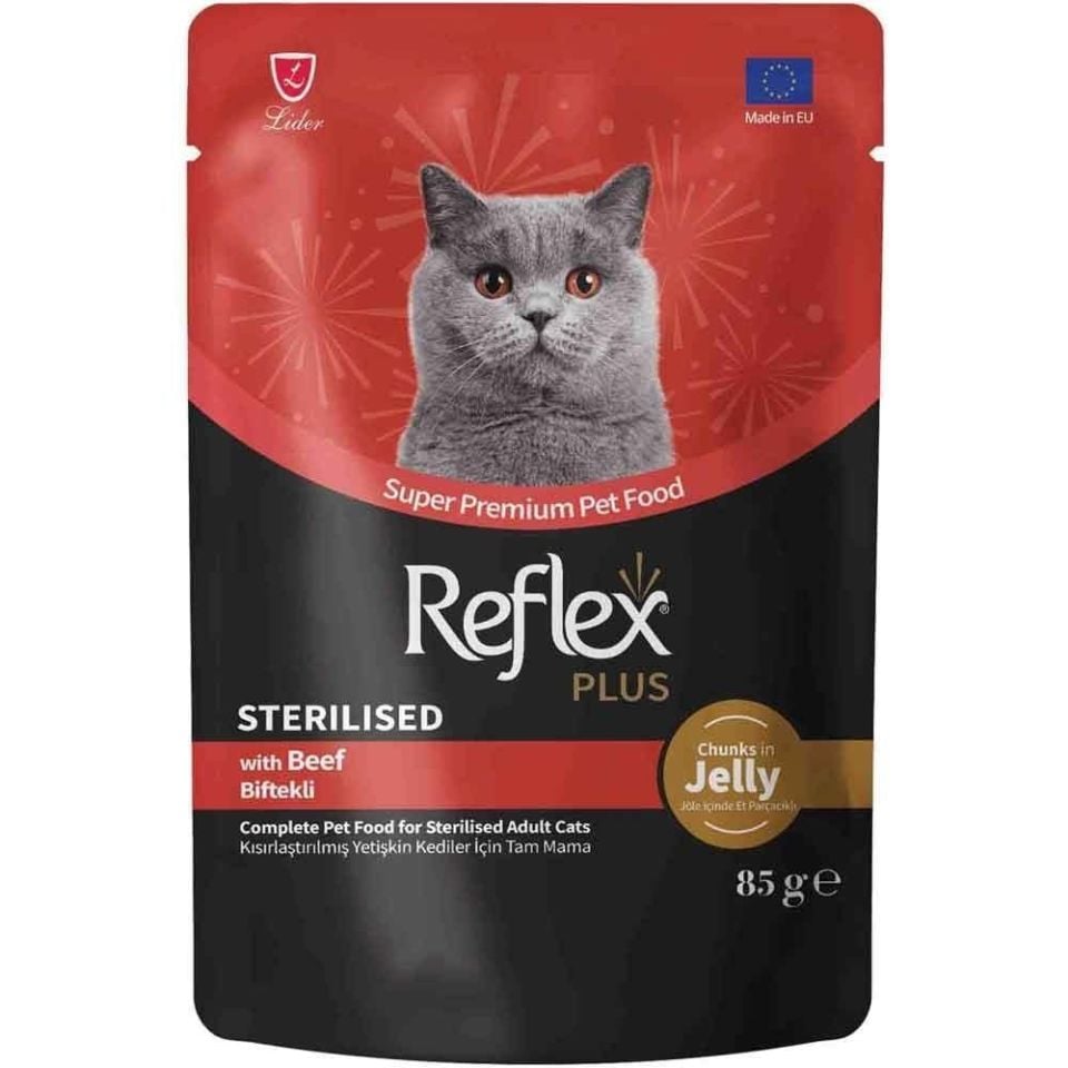 Reflex Plus Jöle İçinde Et Parçacıklı Biftekli Kısırlaştırılmış Yetişkin Kedi Maması 85 G