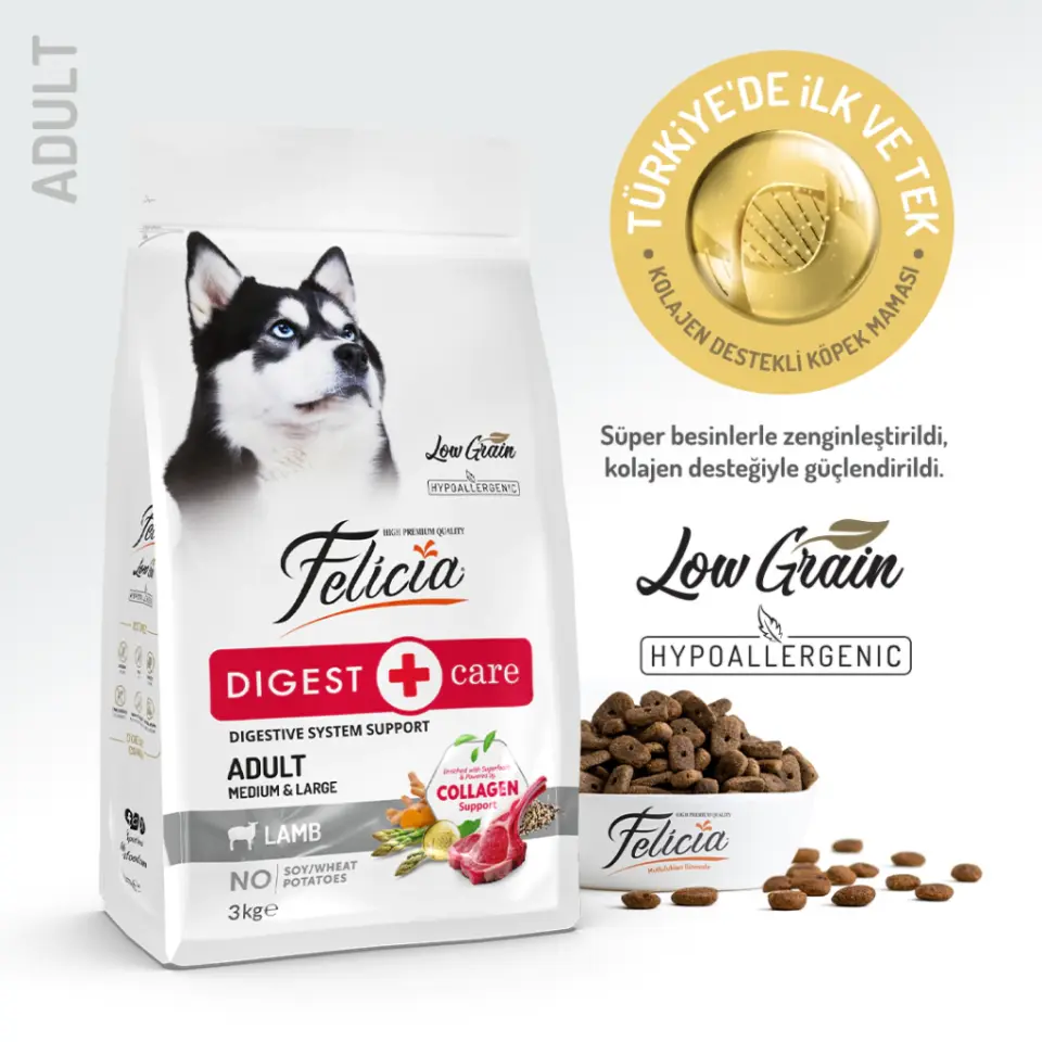 Felicia Yetişkin Kuzulu M/Large Az Tahıllı Kuru Köpek Maması 3 Kg