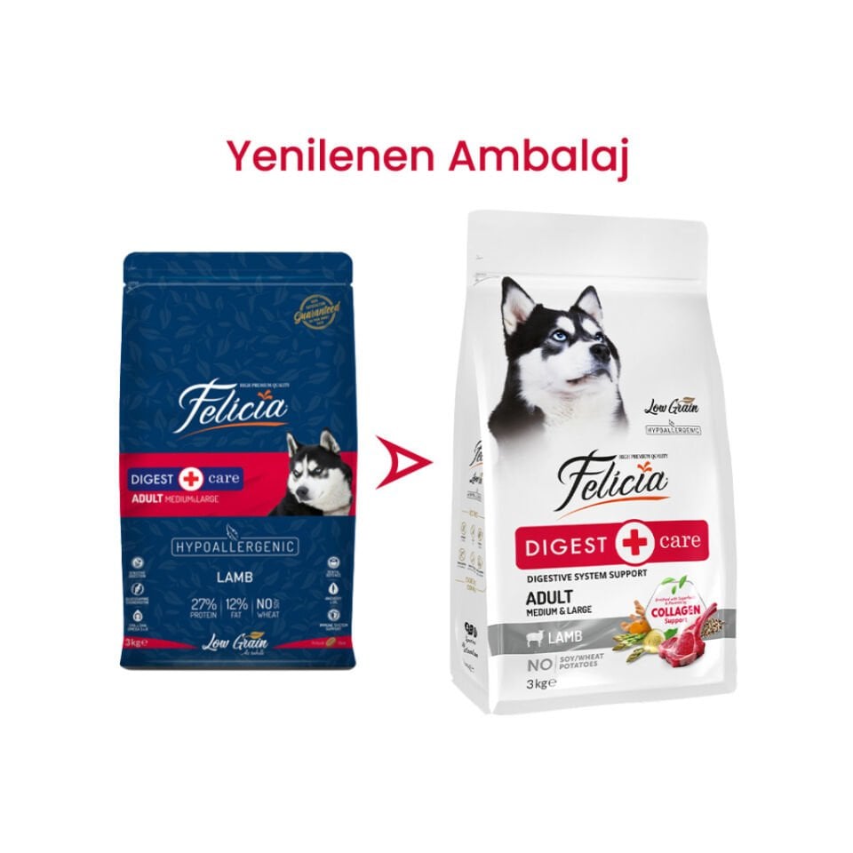 Felicia Yetişkin Kuzulu M/Large Az Tahıllı Kuru Köpek Maması 3 Kg