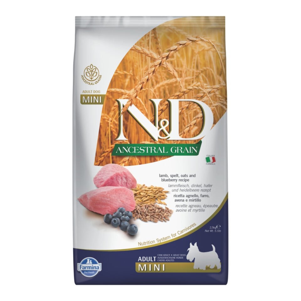 N&D Ancestral Grain Kuzu Etli ve Yaban Mersinli Küçük Irk Ata Tahıllı Yetişkin Köpek Maması 2,5kg